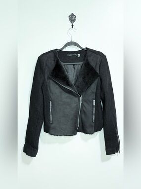 Black Tape_ Black Faux Shearling Moto Jacket with Zip Pockets